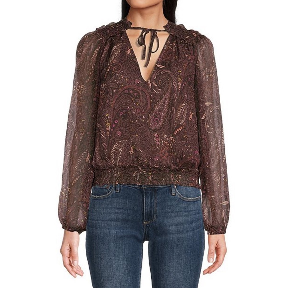 Paisley Print Smocked Detail V-Neck Long Sleeve Bubble Hem Blouse